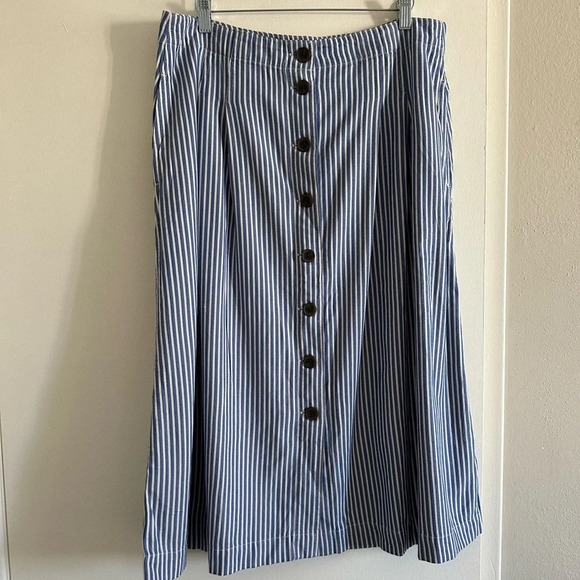 Talbots Stripe Button Front Pleated Skirt Blue White Size 14 NWT New! - Picture 4 of 11